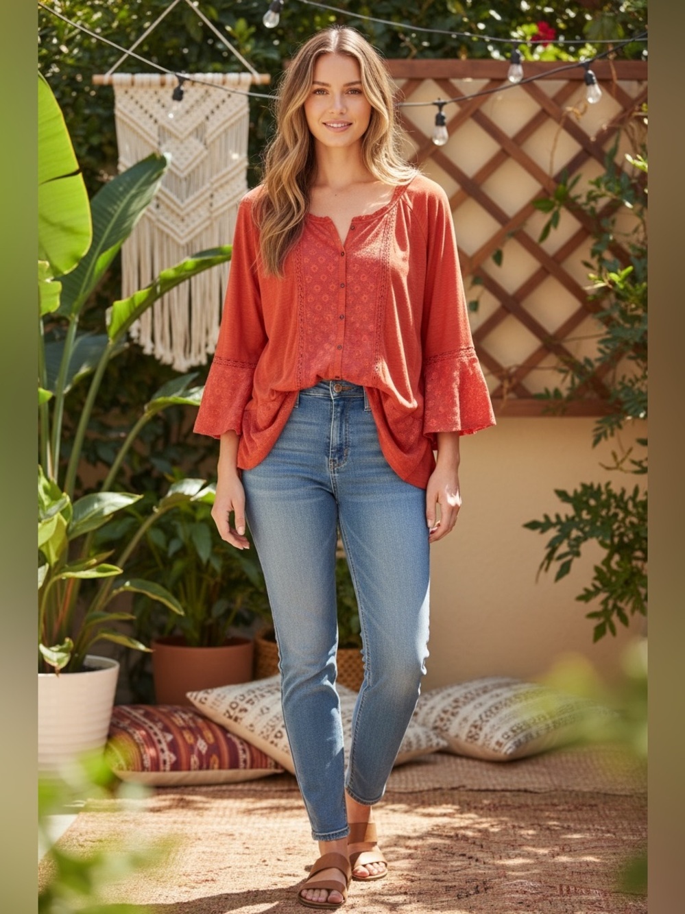 Style & Co Boho Tunic Top salmon orangebell sleeve peplum boho Eyelet Lace XL